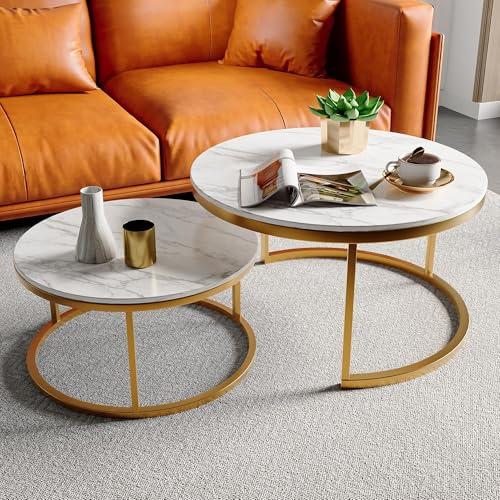 Holtrae 2-Teiliges Set Moderner, Schlichter, Runder Couchtische, 80 x 80 x 45 cm und 60 x 60 x 33 cm,Runde Satztische für das Wohnzimmer,Geeignet für Wohnzimmer, Schlafzimmer und Büro(Gold)