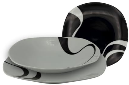 Omniacasa Kyo Service de table 36 pièces pour 12 personnes en porcelaine – assiettes carrées modernes blanc/noir, brillantes, résistantes aux chocs/rayures, lave-vaisselle et micro-ondes