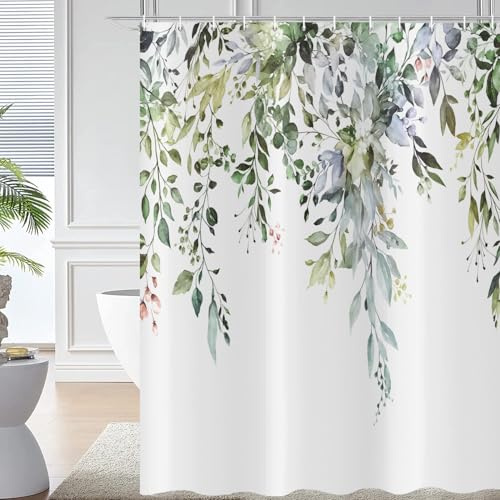 Hnmdmyi Duschvorhang Salbeigrün Eukalyptus 180x200, Aquarell Pflanzen Blätter mit Floralen Badewanne Vorhang Wasserdicht Polyester Stoff Waschbar Badevorhang für Badezimmer mit Haken