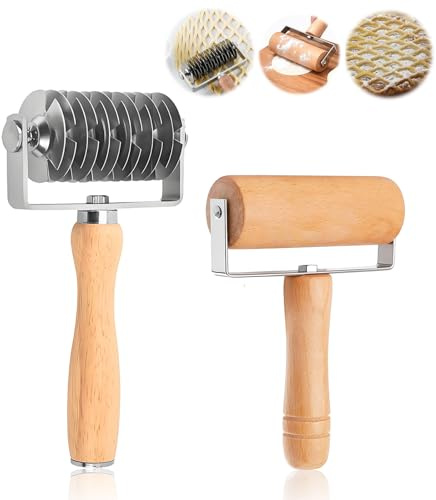 2 Pcs Lattice Pastry Cutter, Stainless Steel Lattice Roller Crimpers Dough Cutter Wheel with Wood Handle and Small Rolling Pin for Pie Pizza Cake Bread