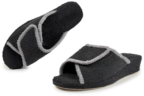 STRAPPO SOFT Zapatillas de Casa Mujer Verano Abiertas Tejido de Rizo con Cierre Ajustable Cuña Baja Antideslizantes Pantuflas Cómodas para Casa Negro 37
