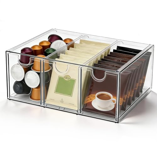 GWBPES Aufbewahrungsbox für Teebeutel mit Schubladen, Aufbewahrungsboxen 25.3×17.5×10.6 CM Ausziehbare Tee Aufbewahrung Stapelbarer Teebeutel Organizer Teeaufbewahrung Durchsichtig