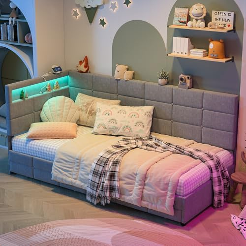 UwvEranthropy Letto angolare imbottito 90x200 cm con illuminazione a LED e USB-C, divano letto a L con 2 cassetti e ripiano contenitore, letto funzionale con base a doghe