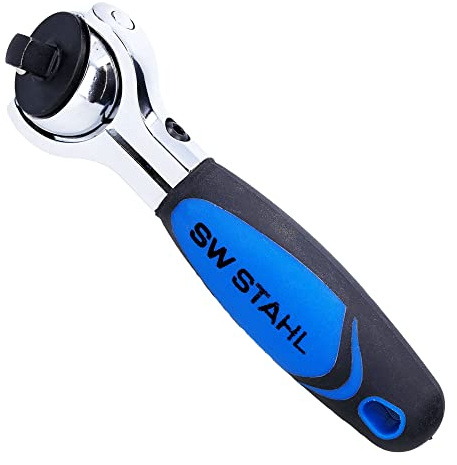 SW-Stahl 05715L Umschaltknarre 1/4 Zoll - Schwenkkopf Ratsche - Mini Knarre | Feinverzahnt mit 72 Zähnen, 270 Grad Gelenkkopf, 110mm Länge, 2-Komponenten-Griff, Chrom-Vanadium-Stahl, Rechts/Linkslauf