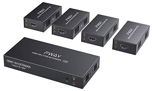 PW-HTS0104 (POC) 1X4 Splitter HDMI Extensor de Divisor Puerto sobre Cat5e/Cat6 Cable Ethernet con Control Sin demora hasta 50m/165ft y Resolución hasta 1080P@60 Hz (1 In 4 out)