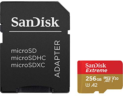 SanDisk Extreme 256 GB microSDXC Memory Card + SD Adapter with A2 App Performance + Rescue Pro Deluxe, Up to 160 MB/s, Class 10, UHS-I, U3, V30, Red/Gold