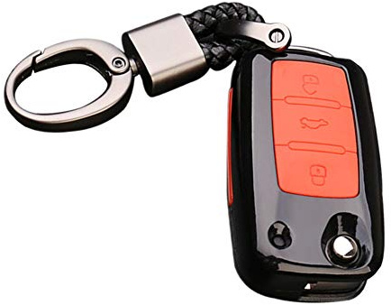 Happyit ABS Carbon Fiber Shell + Silikon Autoschlüssel Abdeckung Fall Keychain für Volkswagen VW Bora Käfer Tiguan Polo Passat MK5 6 Jetta Eos SITZ Sagitar Golf 6 (A Schwarz + rot)