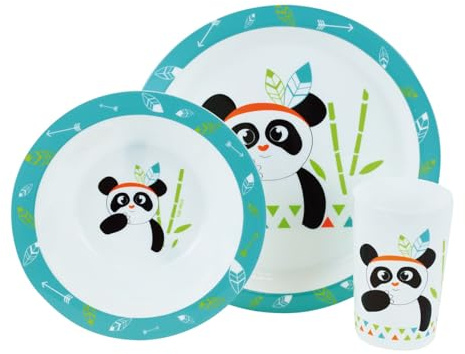 FUN HOUSE 005672 Indian Panda - Set da pranzo con forno a microonde, composto da 1 piatto, 1 ciotola e 1 bicchiere per bambini