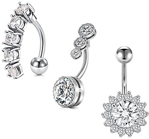 MODRSA 14G Triple CZ Incrustado Piercing Ombligo Acero Quirurgico Mujer Invertir Claro CZ Piercing Vientre 10MM Banana Barbell Piercing