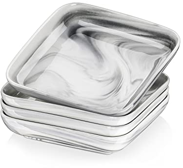 MALACASA,Série Ivy, Assiette Creuse en Porcelaine Marbre, Assiette à Soupe, 4 Pièces Assiettes Creuses Carrée, 20.5 cm, 900 ml