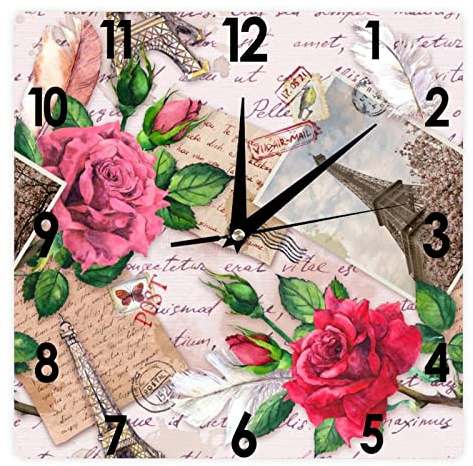 Reloj de pared cuadrado con letras escritas a mano, foto vintage de la torre Eiffel, reloj silencioso sin garrapatas de 12 pulgadas, funciona con pilas, paisaje/paisaje urbano y casa de campo