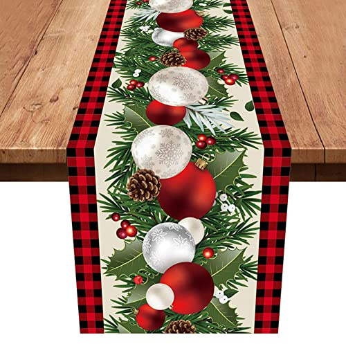 Xinvery Schwarz Rot Plaid Weihnachtstischläufer 180 x 35cm, Polyester-Leinen, Kariert, Tischläufer, Weihnachten, Saisonal Winter, Küche, Tisch, Christmas Decorations