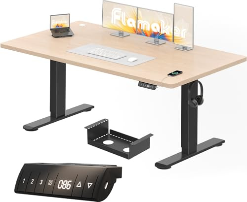 Flamaker Höhenverstellbarer Schreibtisch 160 x 80 cm mit 18 mm Tischplatte | Elektrisch Höhenverstellbarer Bürotisch mit Memory-Funktion, Computertisch mit Kabelwannefür Büro und Homeoffice, Beige