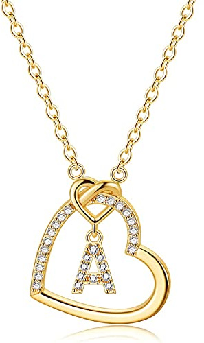 LIHELEI Collier pour Femme, 26 lettres Majuscule Zircon Argent S925 Collier Coeur pour Les Femmes Fille Dame Anniversaire Cadeau de Noël - A(Or)