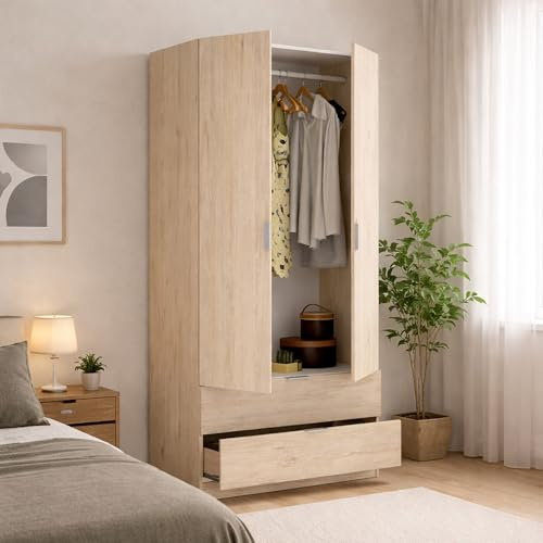 Dmora Guardaroba 2 Ante Pisanino 52x184h cm Marrone Rovere 2 Cassetti Appendiabiti, Armadio Camera da Letto 2 Ante