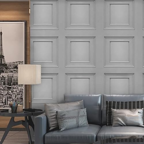 Snewvie 3D Wood Effect Wallpaper 6 Roll Wooden Panel Frame Realistic Textured Retro Embossed Grey Tartan Wallpaper for Living Room Feature Wall Bedroom