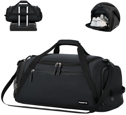 FIORETTO 43L Sporttasche & Reisetasche für Damen und Herren, mit Schuhfach & Nassfach, Wasserdicht Tasche für Trainingstasche, Gym, Travel, Schwimmen, Sauna, fußball Schwarz