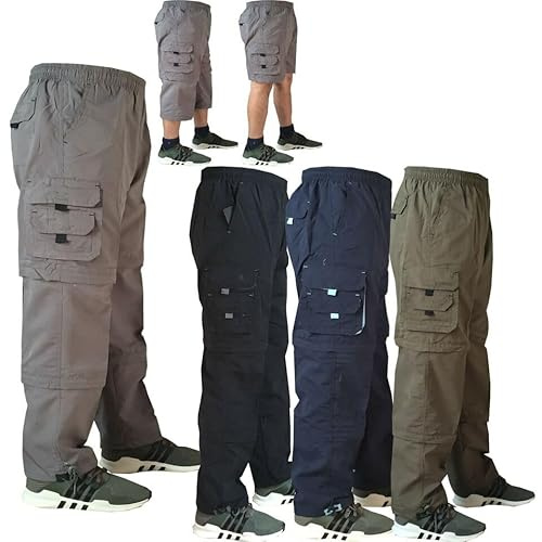 Top Demand Mens Elasticated Lightweight Zip Off Cargo Combat Work Trousers Pants Bottoms Shorts (UK, Alpha, M, Regular, Regular, Black)
