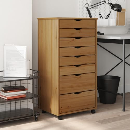 Festnight Rollcontainer Schreibtisch Rollschrank Aktenschrank Mit 8 Schubladen Moss Bürocontainer mit Schubladen Honigbraun-2 Büro Rollschrank Schubladenschrank Beistellschrank Massivholz Kiefer