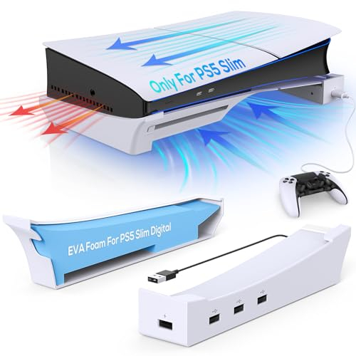 Gorixer Horizontaler Ständer für PS5 Slim/Pro Konsole mit Hub, Sockel Standhalter Zubehör kompatibel mit Playstation 5 Slim/Pro Disc&Digital, 1 Schnelllade & 3 Datentransfer USB 2.0 Port - Weiß