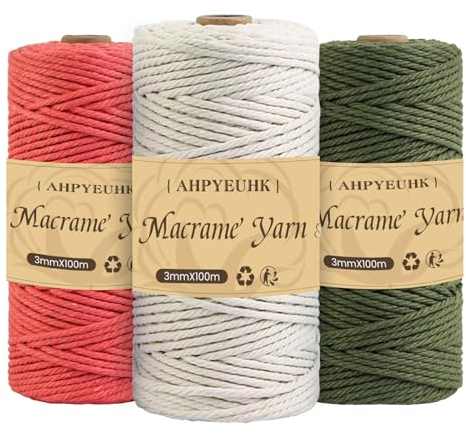 Makramee Garn 3mm X 100m,3 Stuck Makramee Baumwollgarn Baumwollschnur Natur Bastelschnur Makramee Zubehör Für DIY Basteln Stricken, Boho Wandbehang Deko,Traumfänger (rosa+Beige+Grün)