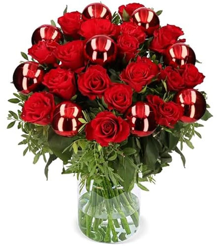 Blumenstrauß “Christmas Red”, Weihnachtsstrauß in Rot, Mit Rosen, Pistacia & Weihnachts-Deko, 7-Tage-Frischegarantie, Top Qualität, Ideales Blumengeschenk, Kostenloser Blumenversand