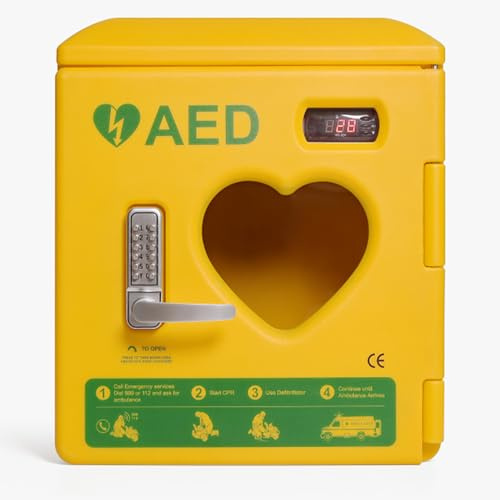 Wandmontierte AED-Alarmbox aus Stahl, AED-Defibrillator-Aufbewahrungsschränke mit Temperaturkontrollsystem und Griff, -50–120 °C Einstelltemperaturbereich, für öffentliche Bereiche im Home-Office