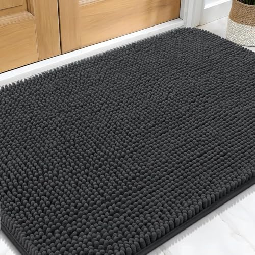 smiry Door Mat, Super Absorbent Chenille Dog Door Mat, Washable Non Slip Door Matts Indoor, Soft Microfiber Pet Rug and Bath Mat for Entrance Kitchen Muddy Shoes & Paws - Dark Grey, 43 x 76 cm