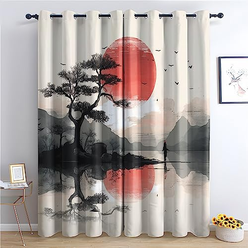 Vorhänge Japanischer Stil - Japanischer Stil Fenster Gardinen mit Ösen, Vorhang Blickdicht Verdunklungsvorhänge Thermovorhang für Wohnzimmer Schlafzimmer Deko 2er Set, H 166 x B 75 cm V-&269