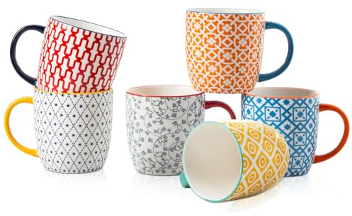 Cerkik Keramik Kaffeebecher Set - 350 ml große Porzellan Teetassen mit Henkel für Cappuccino Latte Kakao Milch Tee - Weihnachten Housewarming Geschenk - Set von 6 - Bunt