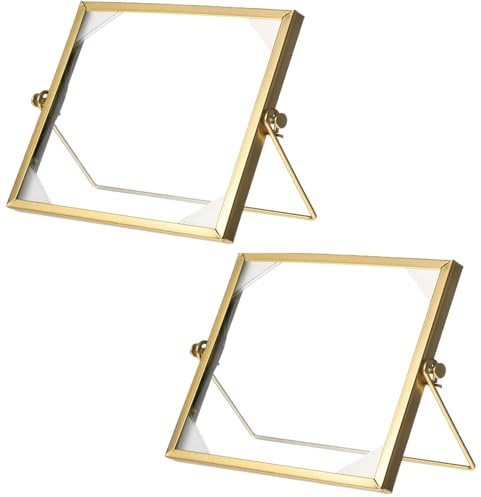 Marco de Fotos Vertical, 2 Pcs Marco Geometrico, Marco de Fotos de Cristal, Marco Flotante de Cristal para Fotos, Flor, Planta, Muestra, Retrato, Pósteres, Certificado, 15*15*7cm (Dorado, Dorado)