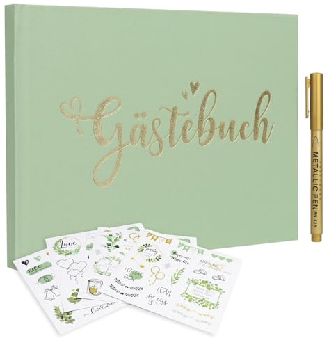 BATHRINS Gästebuch Hochzeit, Sticker Hochzeit Gästebuch mit Goldener Signature-Stift, 144 Blanko Seiten Hochzeitsgästebuch, 86 Hochzeit Sticker, 17×23cm (Grün)