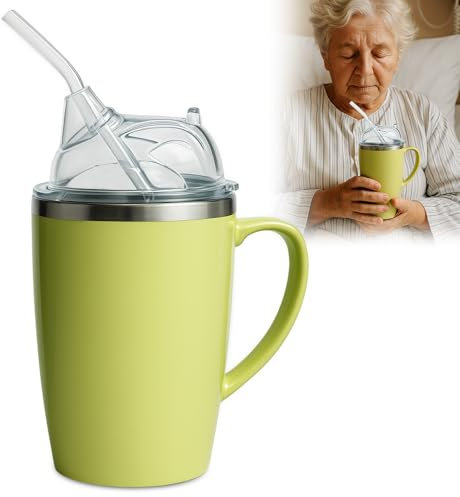 ADDLIVE 3-in-1 Adult Sippy Cup, 350ml Elderly Spill Proof Cups with Lid and 30cm Straw, Spill Proof Adult Sippy Cup with Handle, Beakers for Elderly, Stainless Steel Dysphagia Cups for Elderly Patient