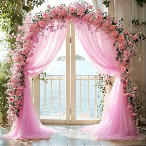 BSTDAYEVER Querbehang Freihanddeko Vorhang Hochzeitsbogen Gardinen Organza | 1.6x8m Rosa Traubogen Deko Himmelbett Hochzeit Vorhänge Stoff Kulissenvorhänge für Hochzeiten Fotografie Party Zeremonie