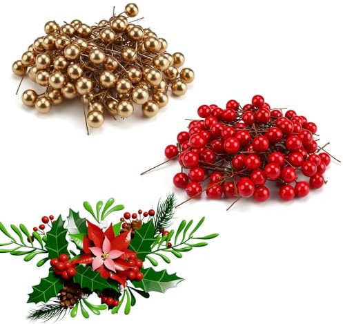 SHENGYIG 200 Stück Künstliche Beeren, Weihnachten Stechpalmen Beeren, Beerenzweig Künstlich für Weihnachtsbäume, Kranz, Blumen, Handwerk, Basteln (Gold und Rote)