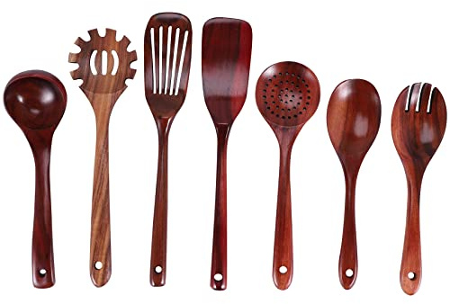 FutureHight Juego de utensilios de cocina de madera, para cocinar de teca natural, juego de espátulas para 7 unidades
