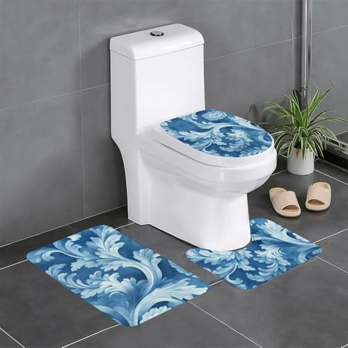 WZYWHJ Juego de 4 alfombrillas de baño de calidad con estampado de hierba rizada azul, duraderas, fáciles de limpiar, adecuadas para baño e inodoro