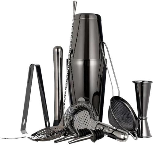 Shaker Cocktail,Shaker Caffe Freddo Shaker In Acciaio Inossidabile Elettrolitico Colorato, Set Di For Cocktail, Accessori Vino E Cucchiaio Assenzio(11 set Black)