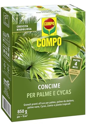 COMPO Concime Lenta Cessione Per Palme e Cycas, 850g | Nutrimento granulare specifico con rilascio prolungato per piante tropicali forti e foglie sempre verdi brillanti