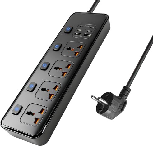 Prese 4 vie con 4 porte USB-C e 2 porte USB, Ciabatta multipla universale con interruttore, Multi Plug Adattatore per casa, ufficio, viaggio, cavo di alimentazione da 1,8 m, nero
