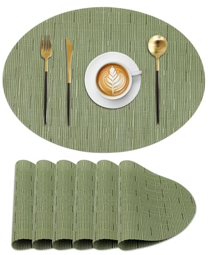 Komforbaa 6er Set Platzsets Oval 45x32.5cm, PVC Tischsets mit Bambus-Optik Struktur Abwaschbar & rutschfest, Hitzebeständig Pflegeleicht für Moderne Tischdeko Grün