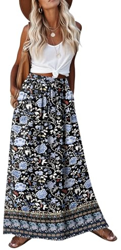 Zeagoo Women's Skirts Women's Blue Floral Printed Skirts Casual Long Maxi Skirts with Pockets Womens Summer Boho Beach Skirts for Women 2026 Flowy Beach Skirts Plus Size Skirt Bohemian Navy M