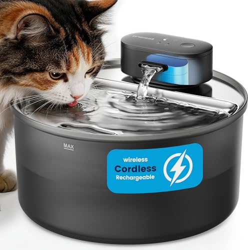 oneisall vattenfontän för katter med bricka i rostfritt stål, 3,2 l Trådlös vattenfontän för katter inomhus, batteridriven automatisk vattendispenser, 20 dB SilentFlow™-pump