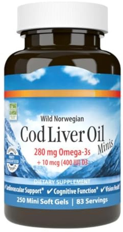 Cod L!ver Oil Minis 280mg Omega3 Mini Softgels, Food Supplement - 250 Count per Bottle