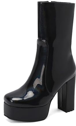 TNMIUH Platform Boots Dam, Lackläder Platåstövletter med Blockklack, Fyrkantig Tå Mid Calf Stövlar med Dragkedja, Party Skor i Svart, Rosa, Vit