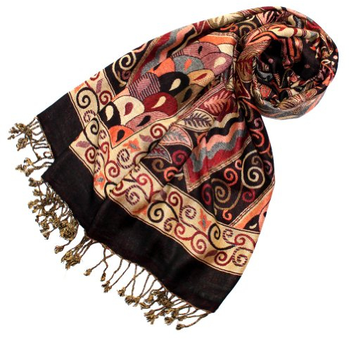 Lorenzo Cana Marken Pashmina Damenschal Schaltuch Stola Umschlagtuch Naturfaser opulentes Muster in braun Farben mit Fransen 70 cm x 200 cm - 78112
