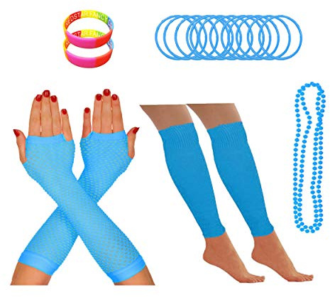 REDSTAR FANCY DRESS® - Partyoutfit für 80er-Neonparty - Beinstulpen Netzhandschuhe Perlenkette Neonfarbene Gummiarmbänder - Türkis