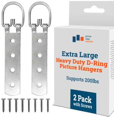 Picture Hang Solutions Super Heavy Duty Extra Large Strap Hanger - 4 Hole D-Ring Hanger by | Extra large 6.5 in steel strap D-ring hangers with screws, d hooks for picture hanging, for heavy frames & mirrors