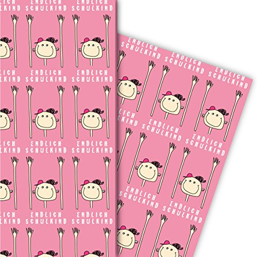 Lustiges Einschulungs Geschenkpapier mit KindernEndlich Schulkind, rosa, für tolle Geschenk Verpackung und Überraschungen 32 x 48cm