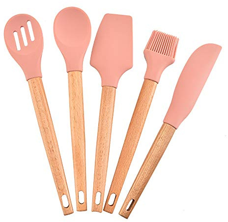 KYEEY Set de Utensilios de Cocina 5pcs Cocina Resistente a Altas temperaturas manija de Madera de Haya de Silicona Rosa de Cocina Herramientas de Cocina de Cocina (Color : Pink, Size : 5pcs)